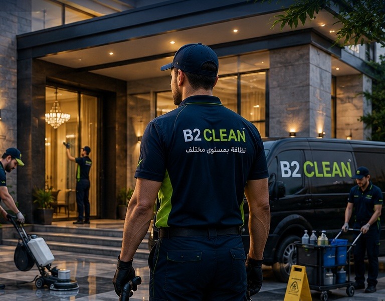 فريق B2 CLEAN بالزي الموحد داخل فيلا فاخرة